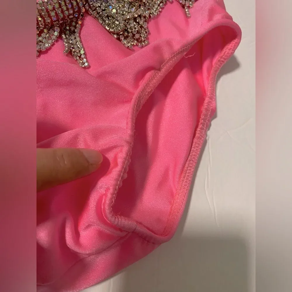 Glamour solo sassy dance costume purple pink embellished rhinestone fringe LC